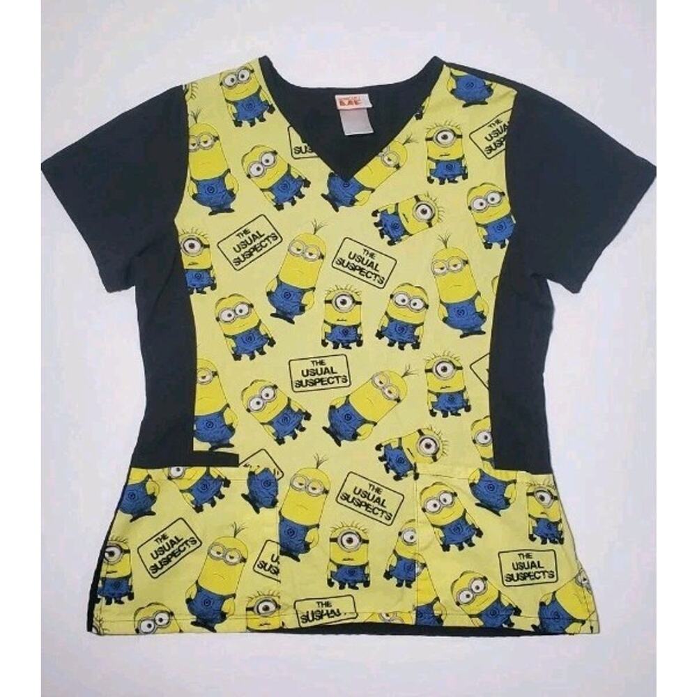 Despicable Me Scrub Top Universal Yellow Black Minion "The Usual Suspects"